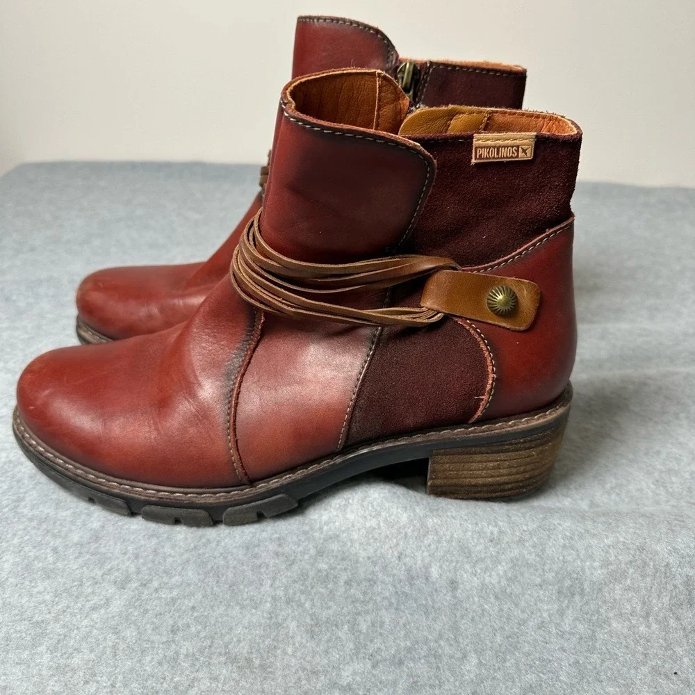 Pikolinos Burgundy Leather Suede Fringe Ankle Boots Women Size 39 - Picture 1 of 13